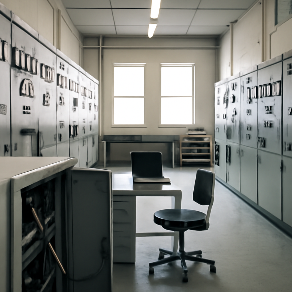 Industrial control room interior with panels, switches, and monitoring equipment.