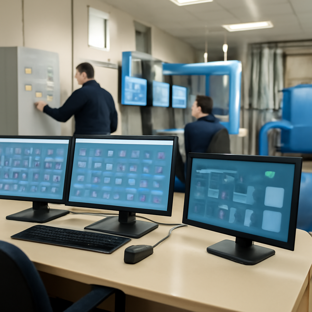 Control room of a water treatment plant with industrial systems and computer workstations.