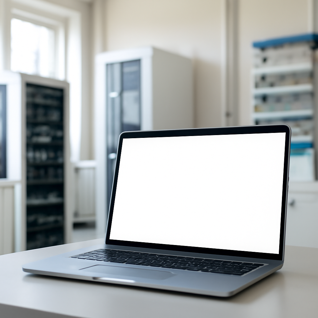 Modern tech facility with laptop workstation and blank screen.