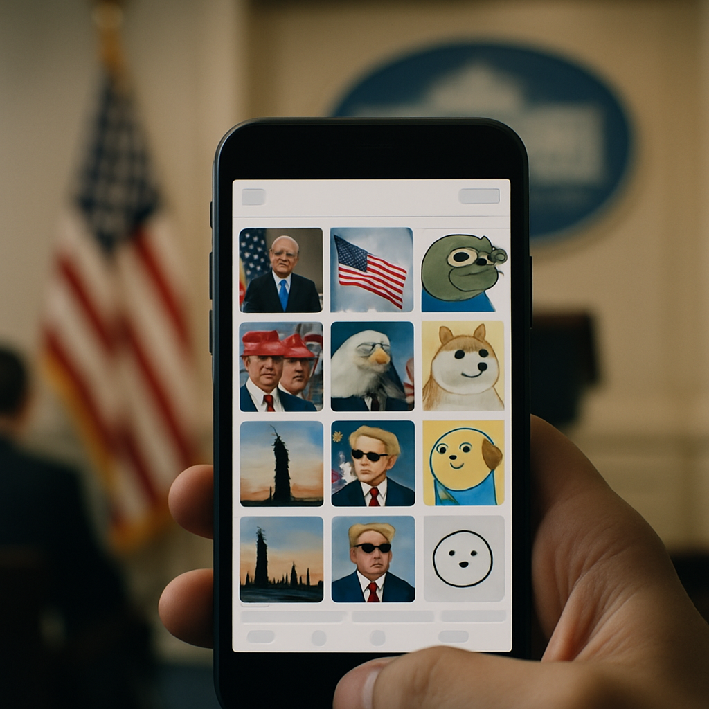Smartphone screen displays social media feed in a blurred government setting.