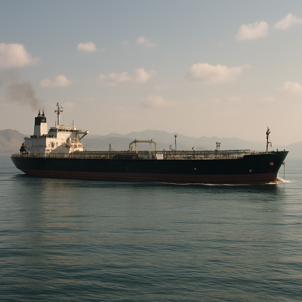 A cargo ship passes through the Strait of Hormuz under a calm sky with scattered clouds, with a subtle naval presence in…