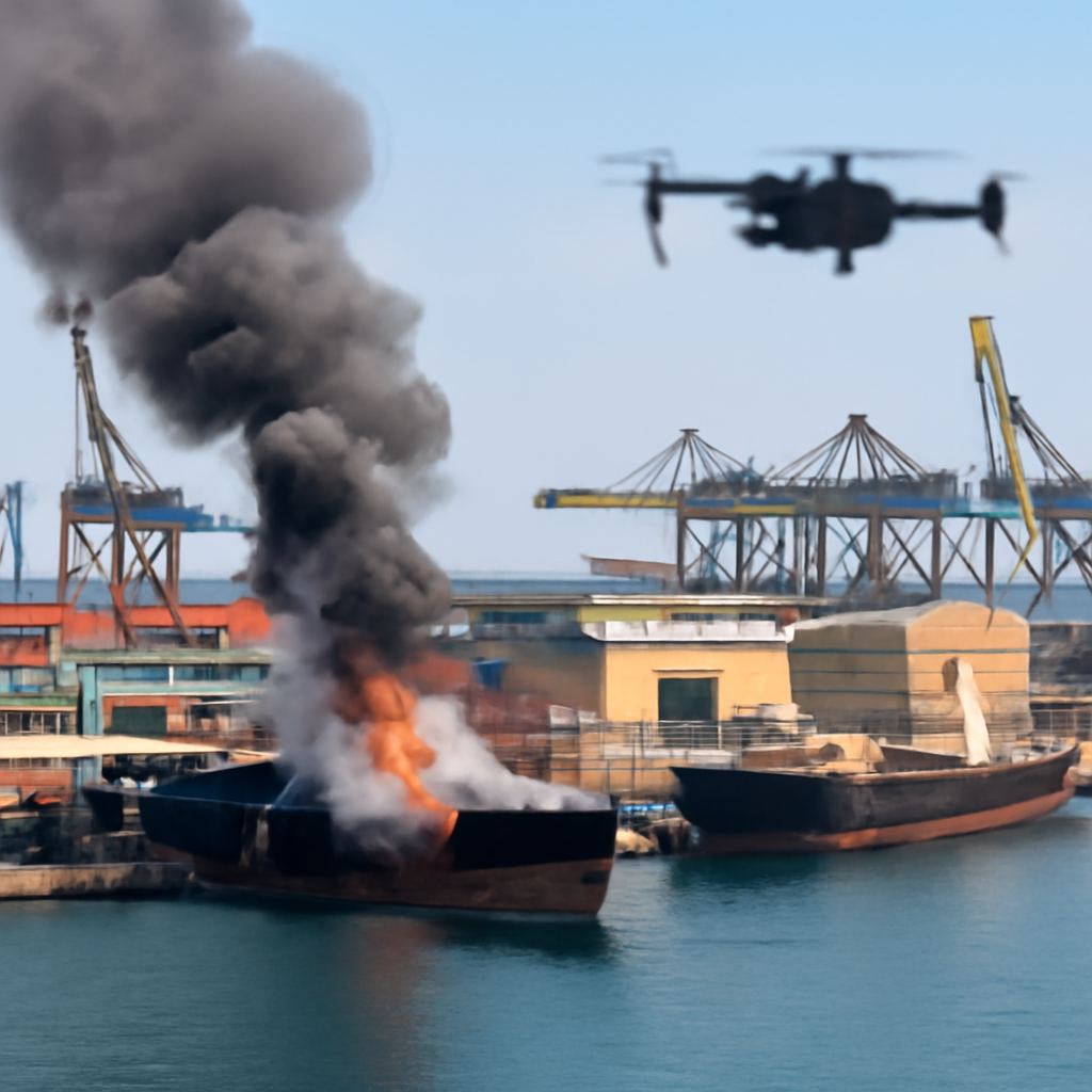 Damaged dock and vessel at Egyptian port with smoldering area and drone nearby.