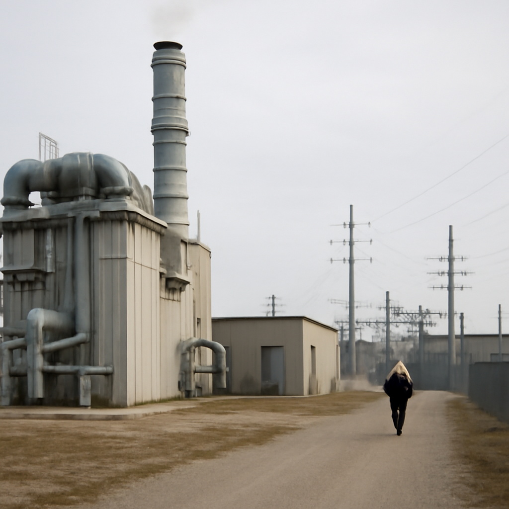 Small-scale power generation facility with industrial infrastructure in background.