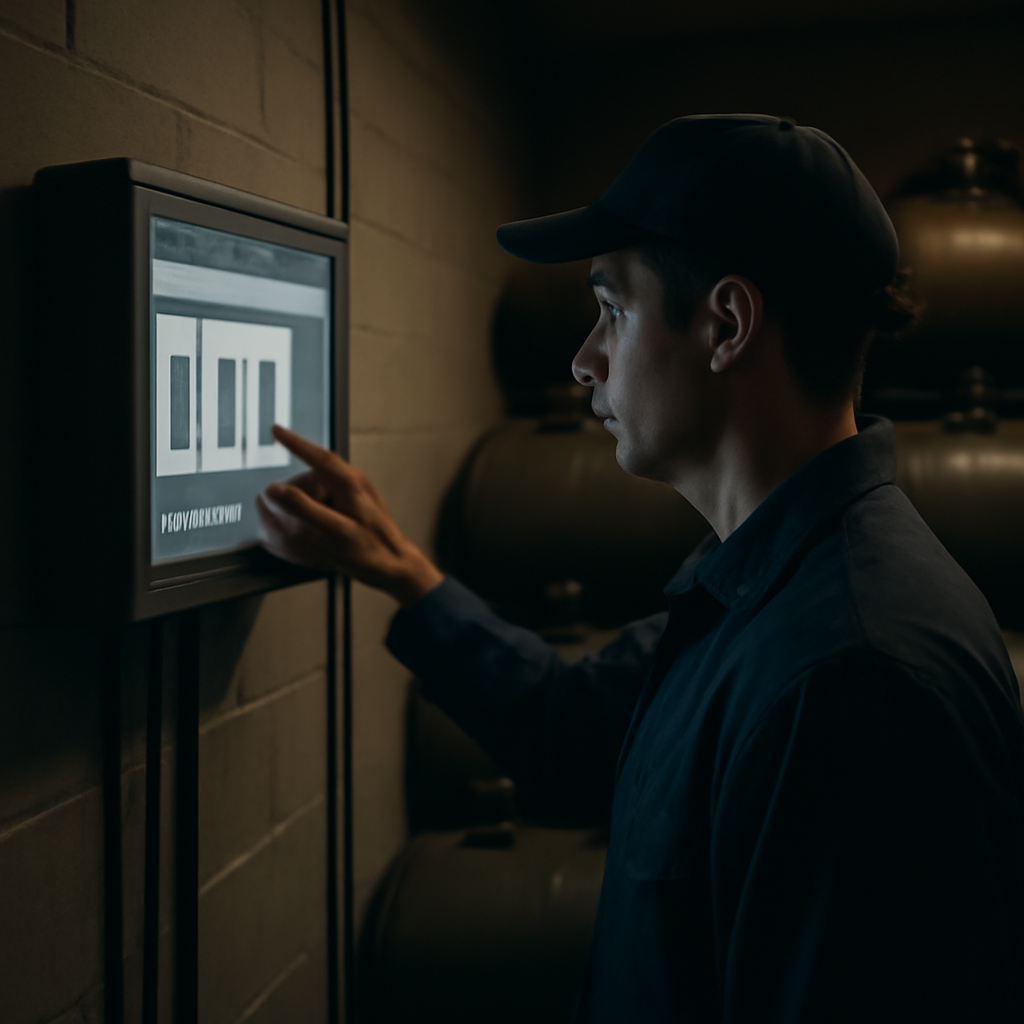 Gas station attendant checks fuel level on tank gauge screen in dimly lit storage room.
