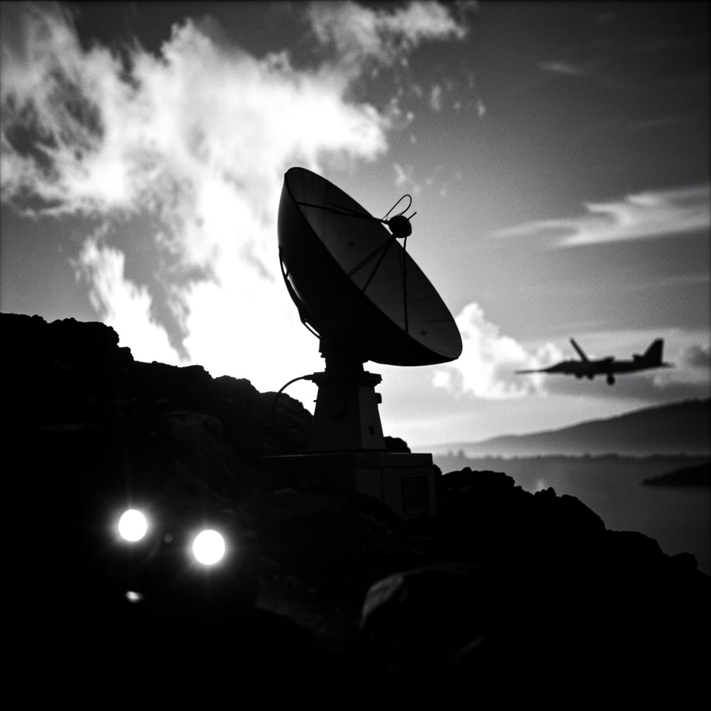 Radar system antenna stands out against a fiery sky with ominous warning lights.