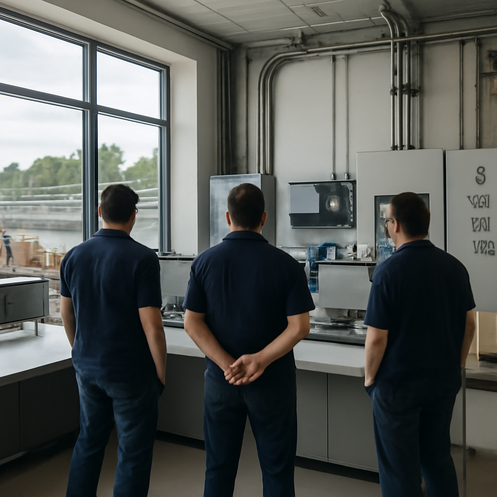 Control room of a water treatment plant with operators and industrial equipment.