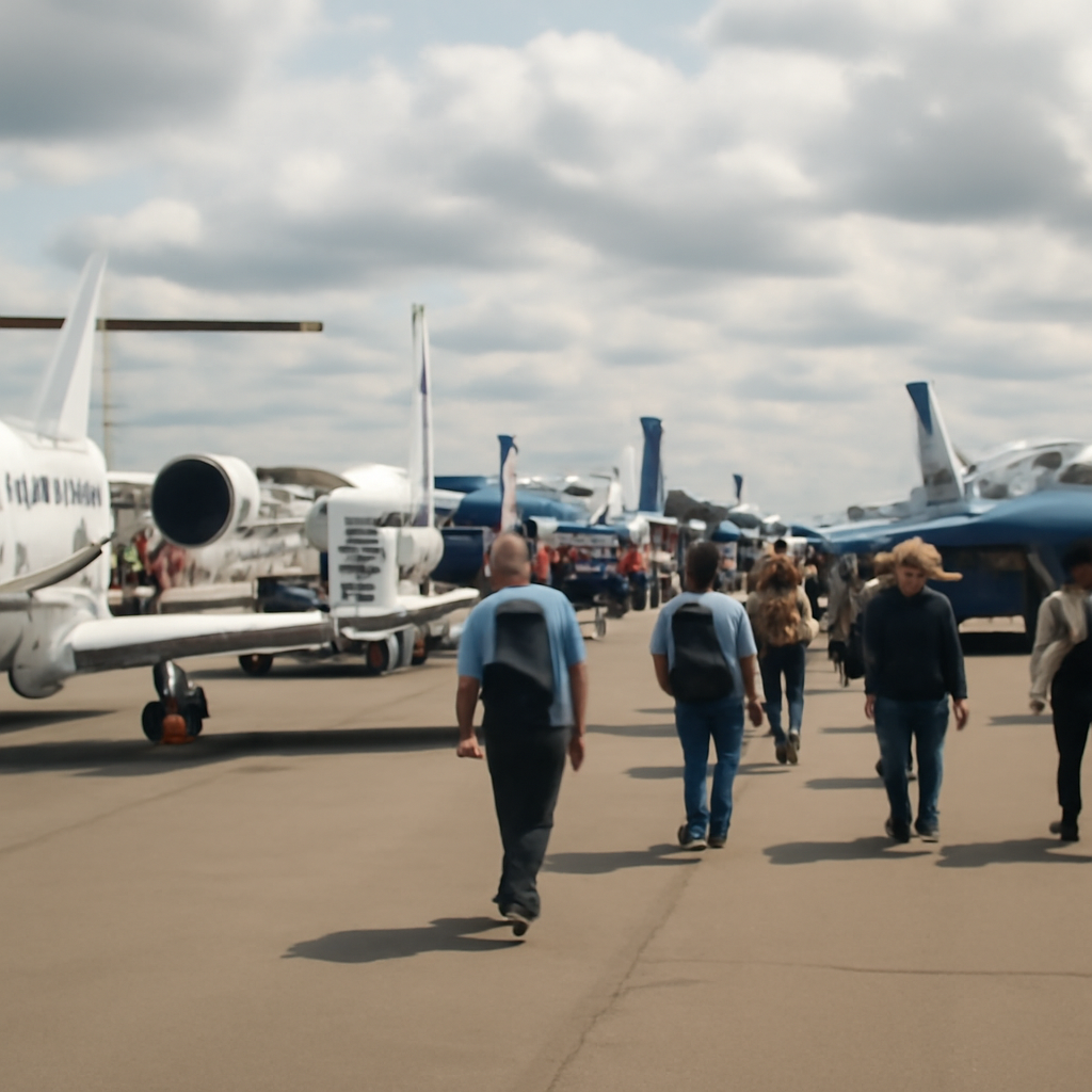 A daytime airshow scene with aircraft on display, exhibition booths, and attendees in the background.