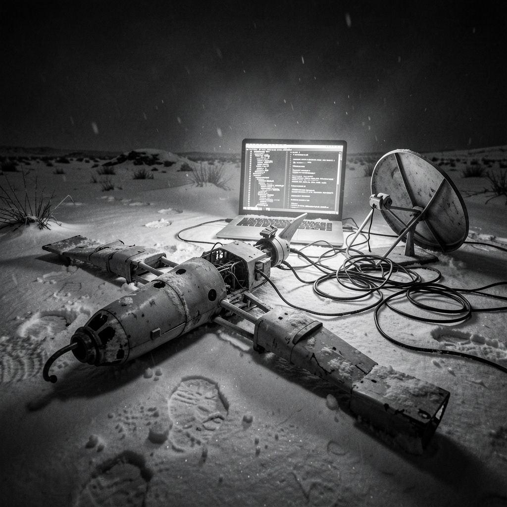 Damaged Iranian drone lies in snow-covered landscape with laptop displaying code and broken tech equipment nearby.