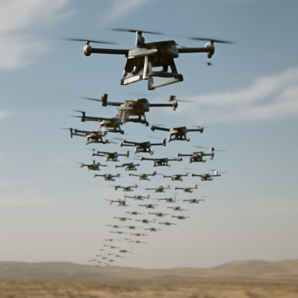 Multiple drones fly in a coordinated, layered formation resembling a jellyfish pattern in a daytime sky.