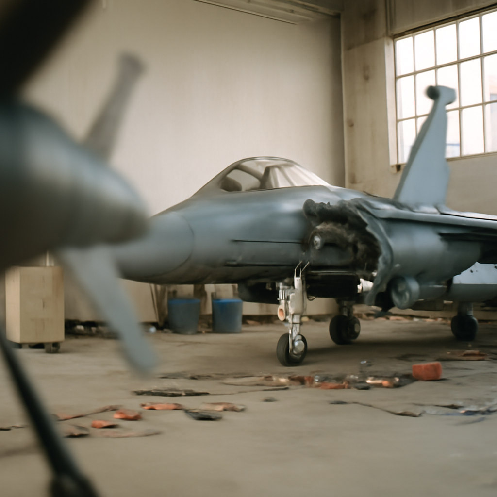 Damaged F-15E fighter jet on the ground with blurred missile component nearby.