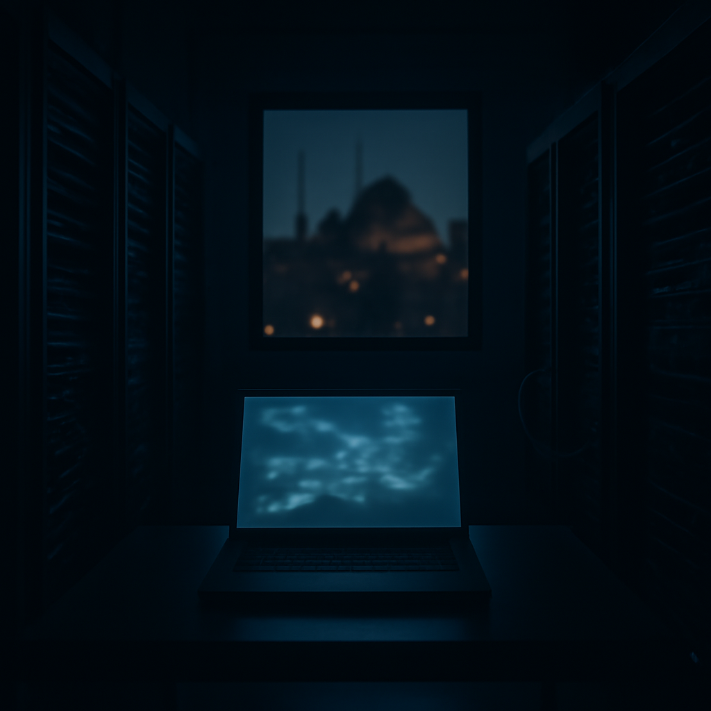 Dimly lit server room with bright laptop screen displaying a blurred network map.