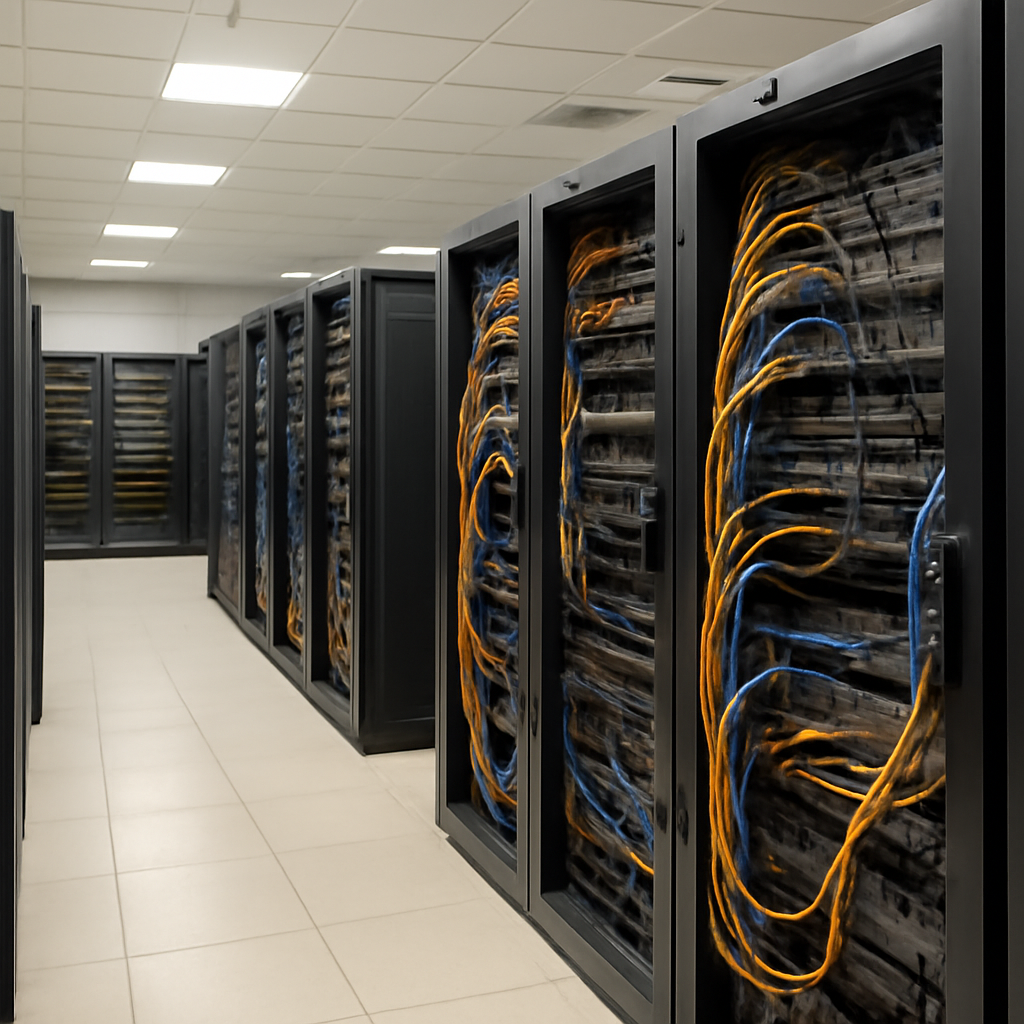 Rows of equipment racks and cables in a brightly-lit server room or network operations area.