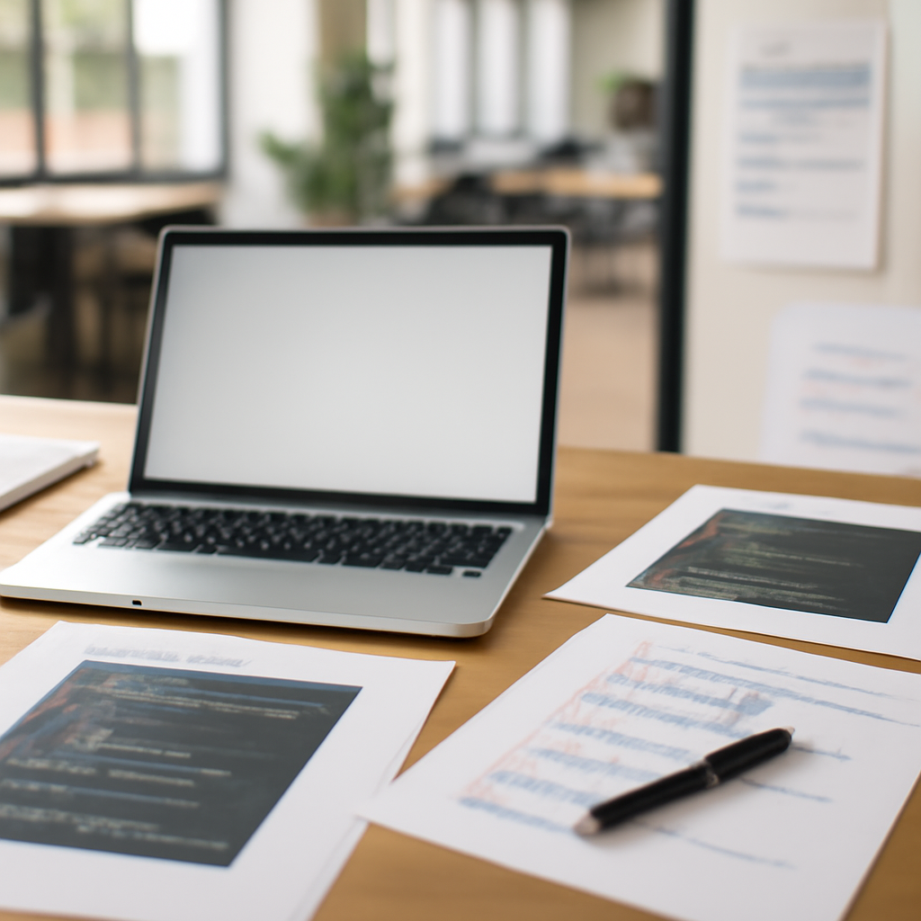 Developer workstation with laptop, coding materials, and papers scattered on a desk in a bright, modern office space.