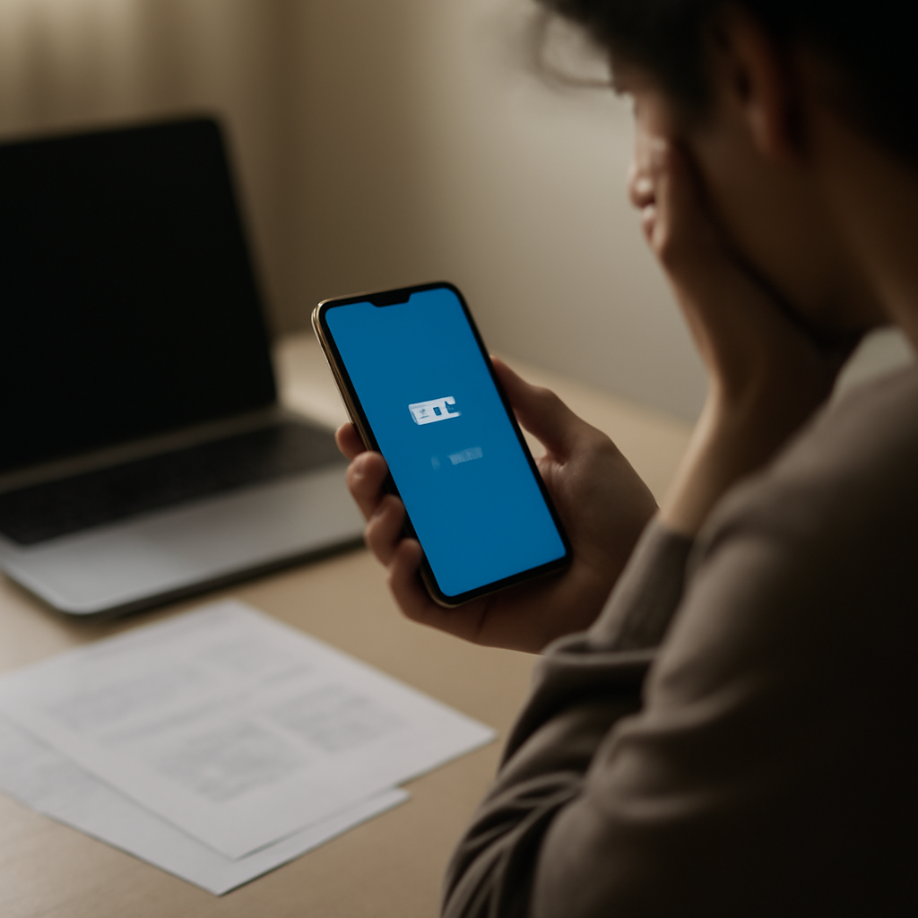 Person sits with smartphone showing Telegram app, laptop and papers nearby.