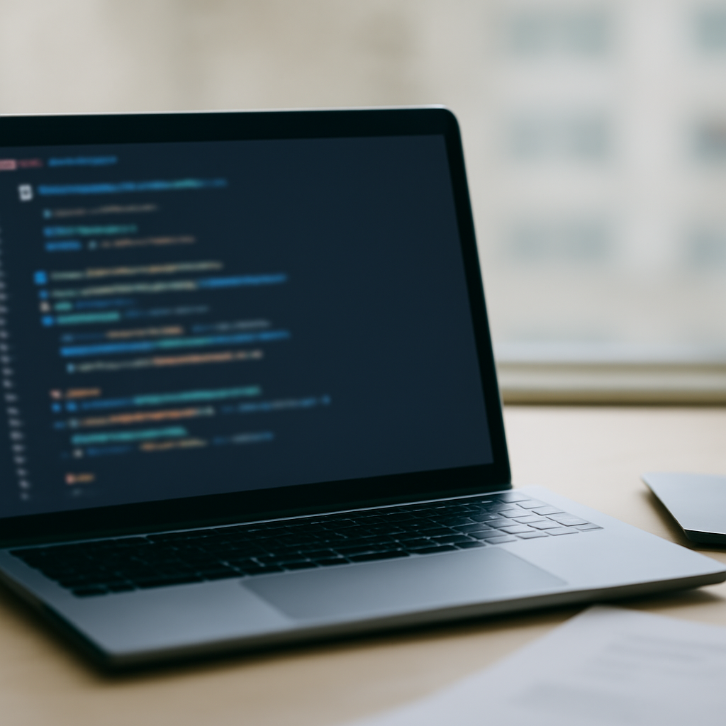 Laptop screen shows coding interface with blurred script, set against office backdrop.