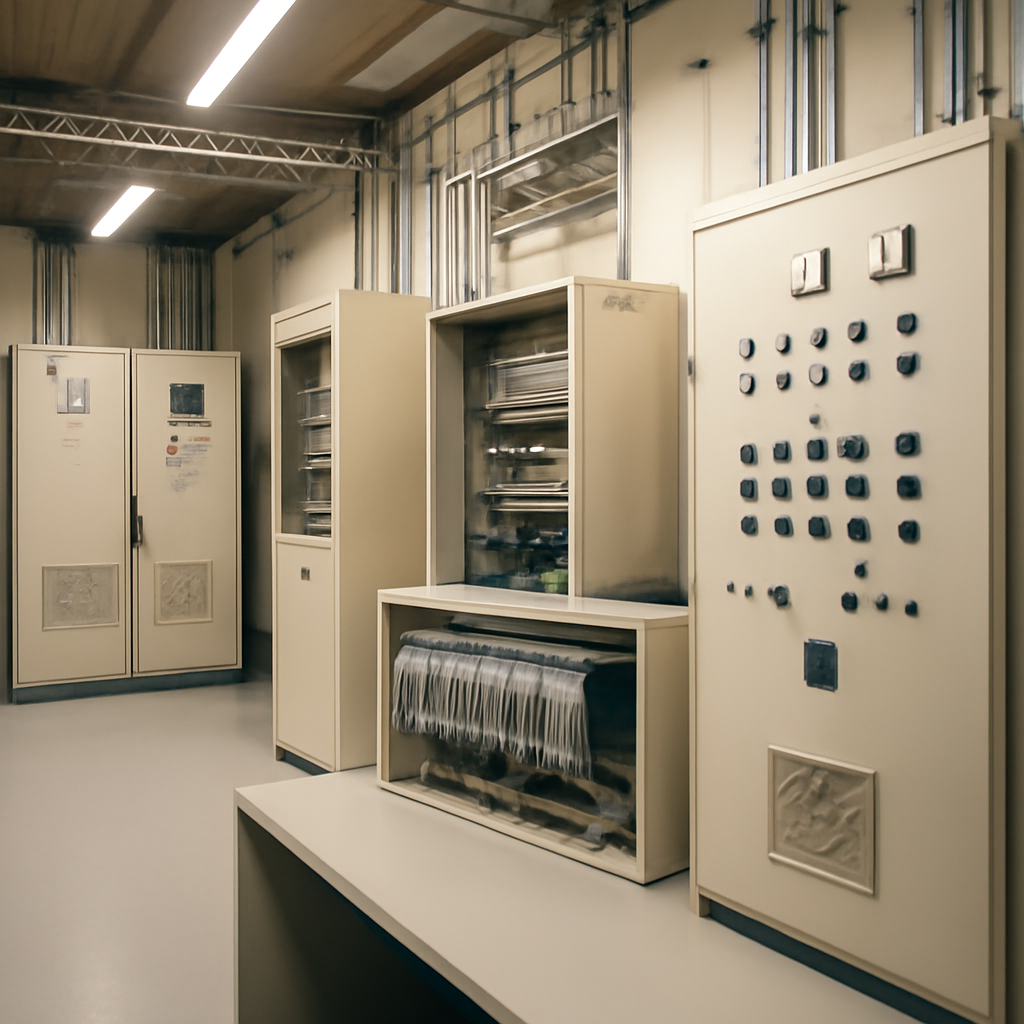 Brightly-lit industrial control room with various control systems and equipment in the background, hinting at network…