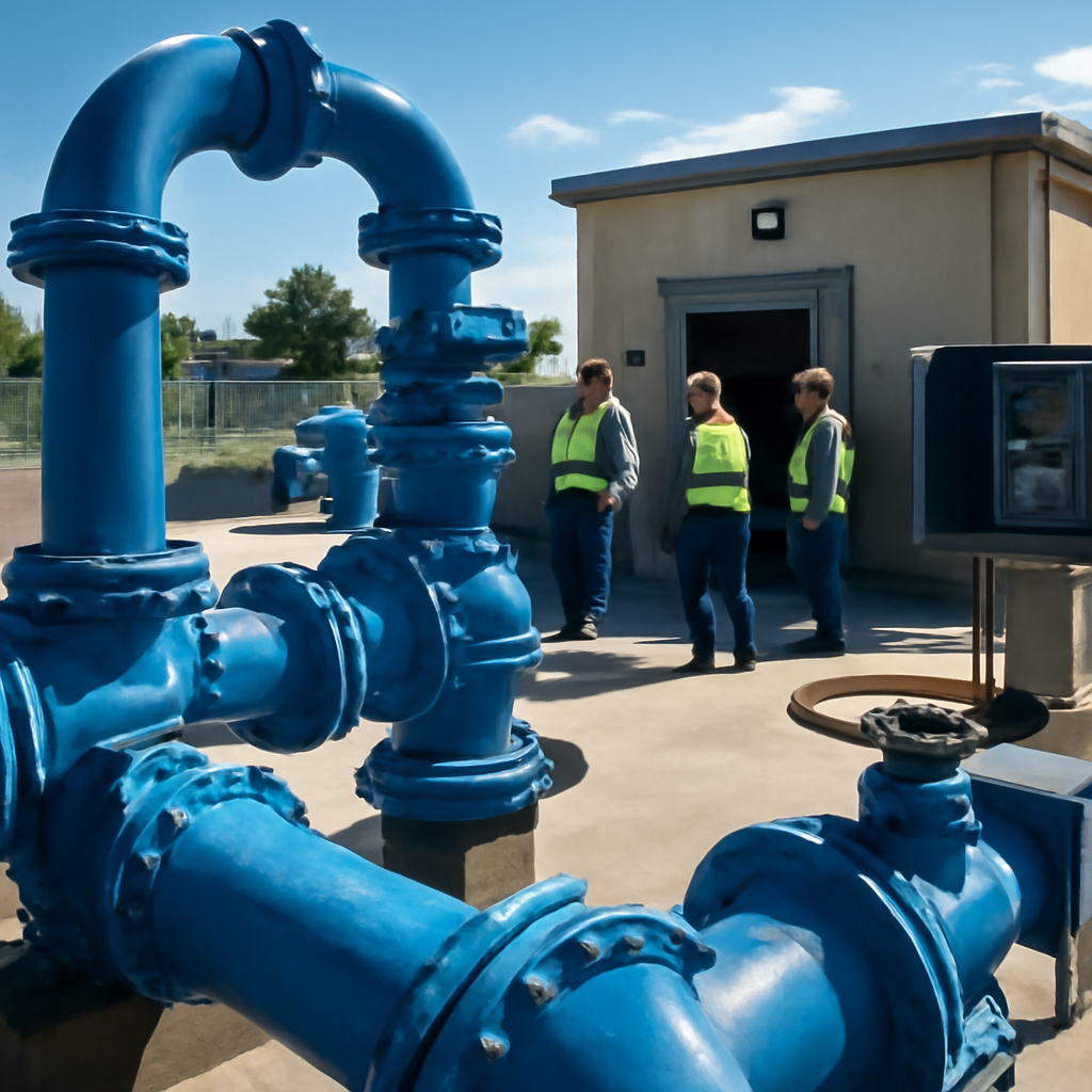 Water utility company's outdoor infrastructure with personnel and subtle computer systems.