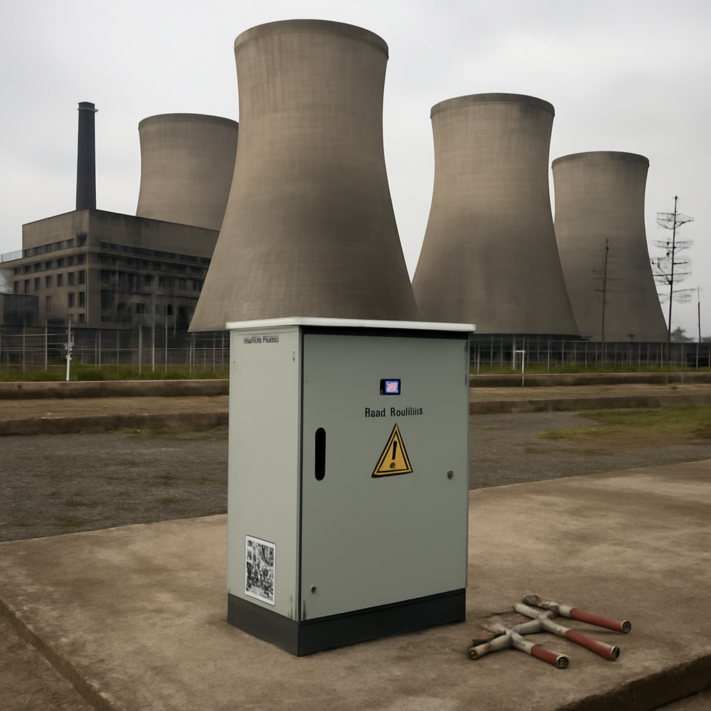 UK power plant exterior with industrial infrastructure and control panel.