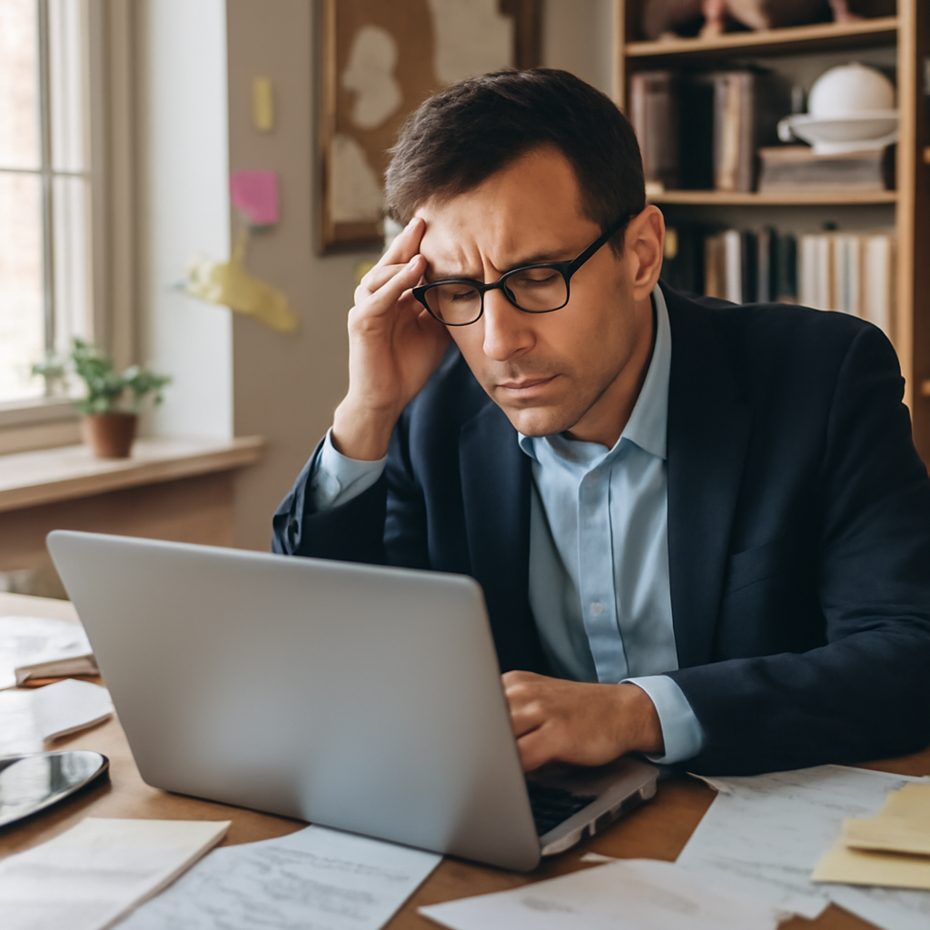 Person sits at cluttered home office desk, staring at laptop with concern.