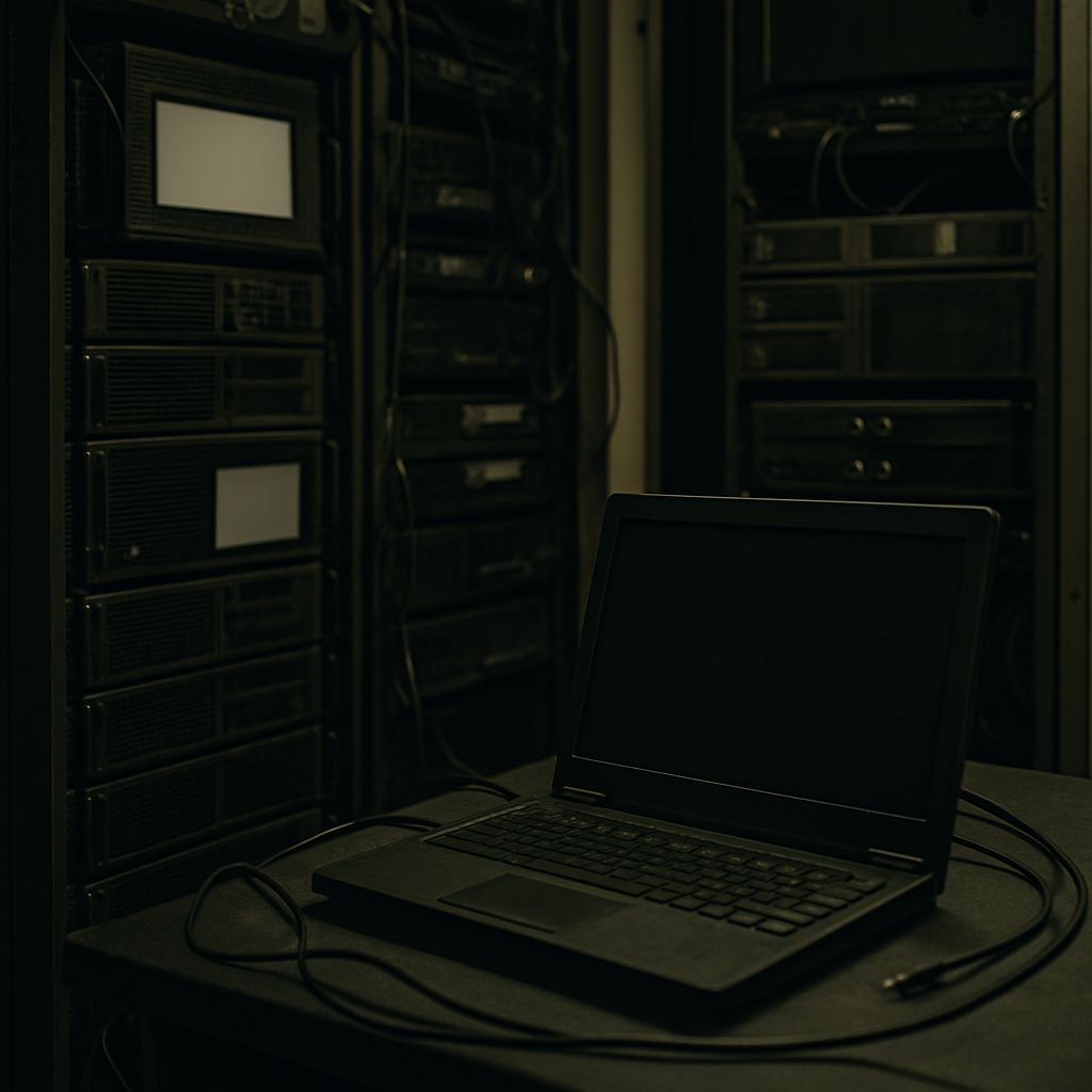 Dimly lit server room with rows of computer servers and networking equipment, a single unoccupied laptop in the foreground.