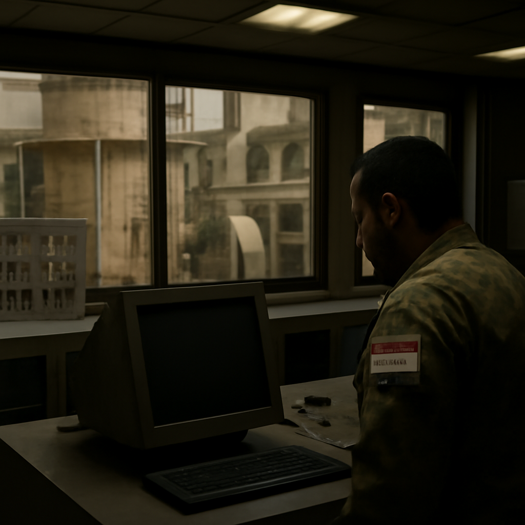 Critical infrastructure facility with dimly lit interior and subtle signs of neglect or unease.