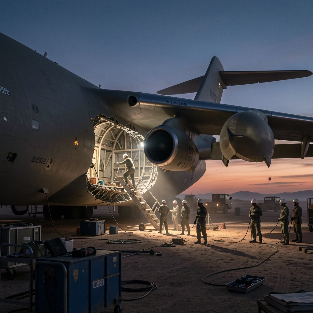 Technicians in desert surroundings repair damaged military tanker aircraft at dusk.