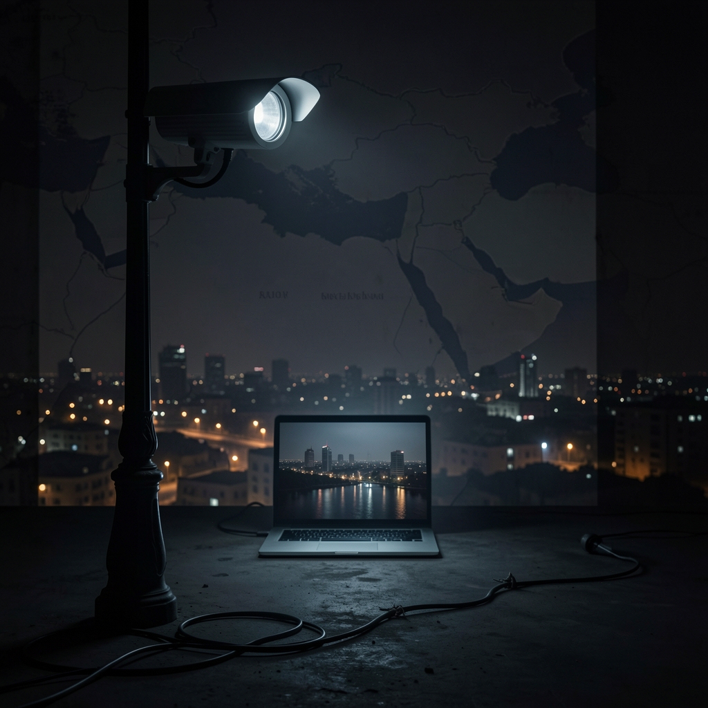 Traffic camera on a streetlamp overlooking a city at night with a laptop and severed cable in the shadows.