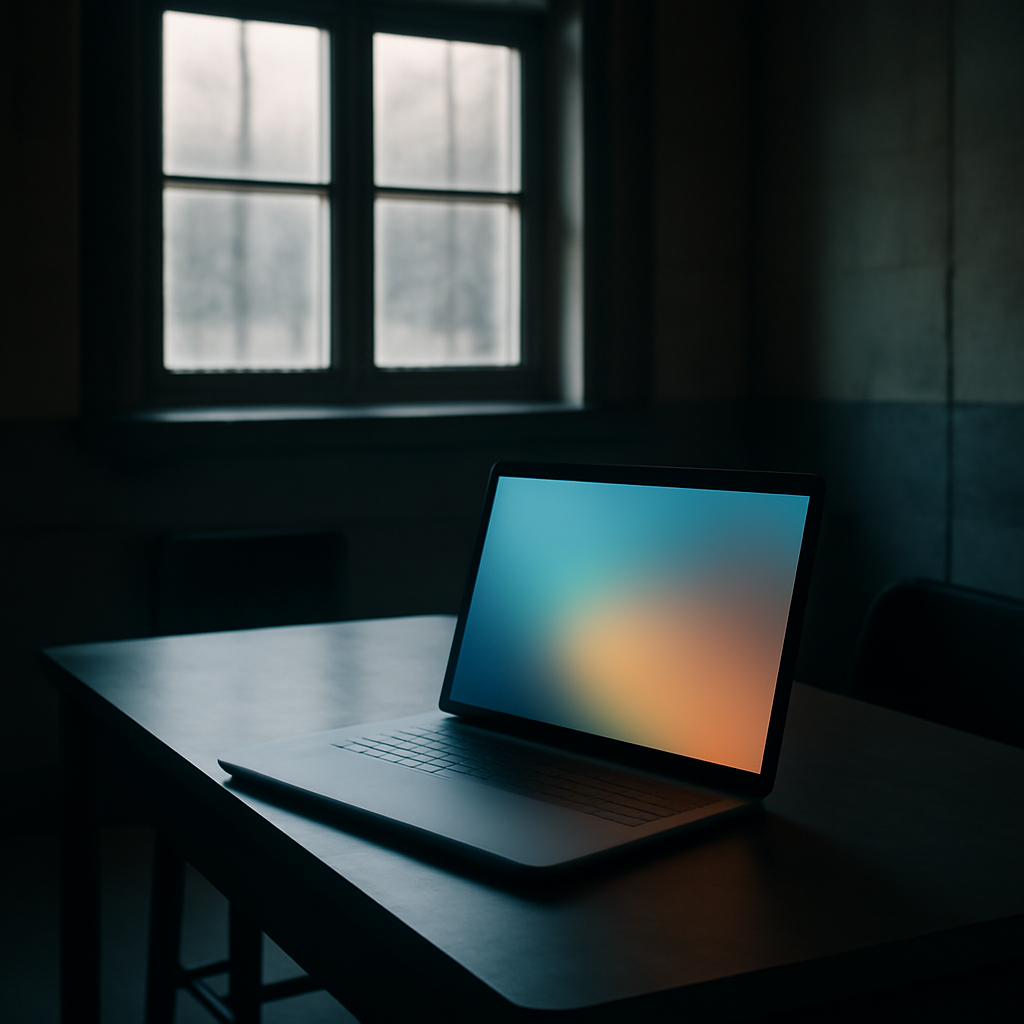 A dimly lit room with a laptop on a table, its screen glowing softly.