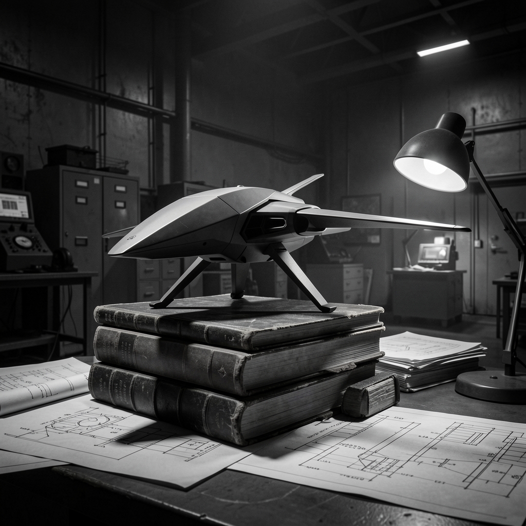 Futuristic drone sits atop books and blueprints in a dark military research facility.