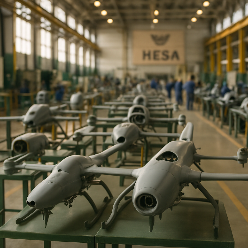 Workers assemble drone airframes on factory production lines under bright daylight.
