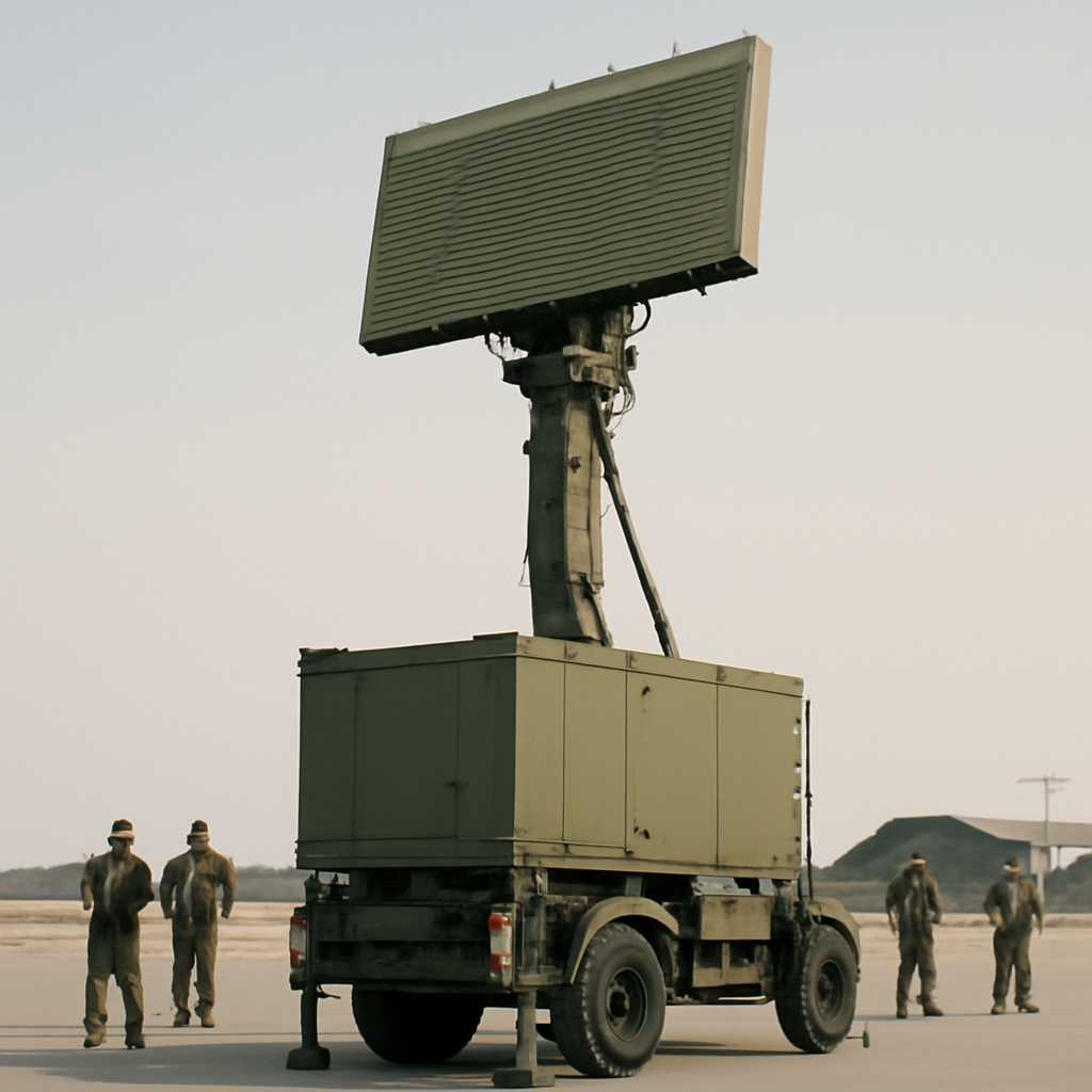 Military personnel stand near a Ground Master radar system at a defense facility.