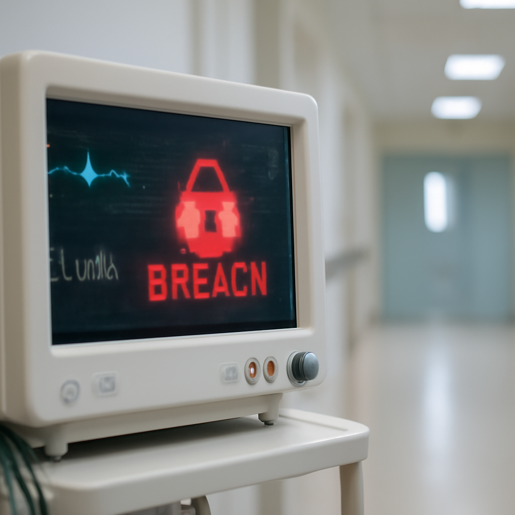 Cardiac monitor on a hospital bedside table with a faint shadow of a hacker in the background.