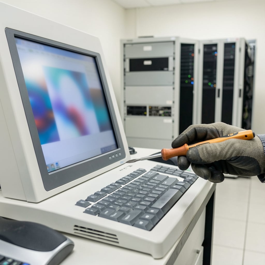 Secure computer workstation with blurred screen and network equipment racks.