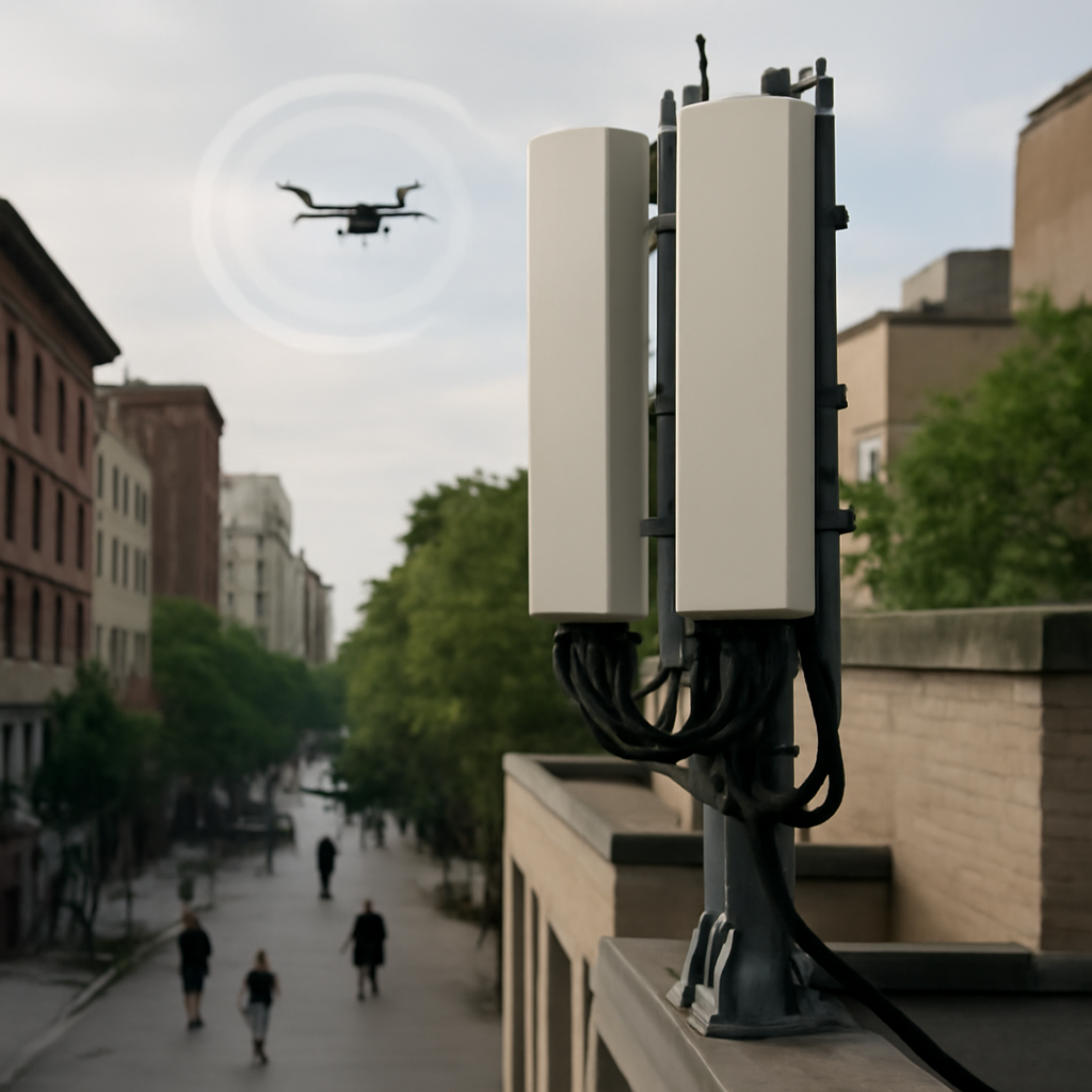 Cell tower on a rooftop with pedestrians and buildings in the background, a blurred drone flying in the distance.