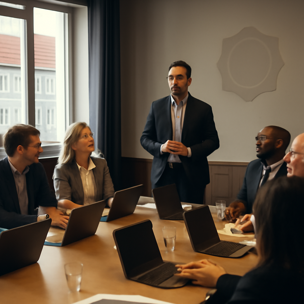 Professionals gather around a table with laptops and notepads in a conference room with natural daylight.