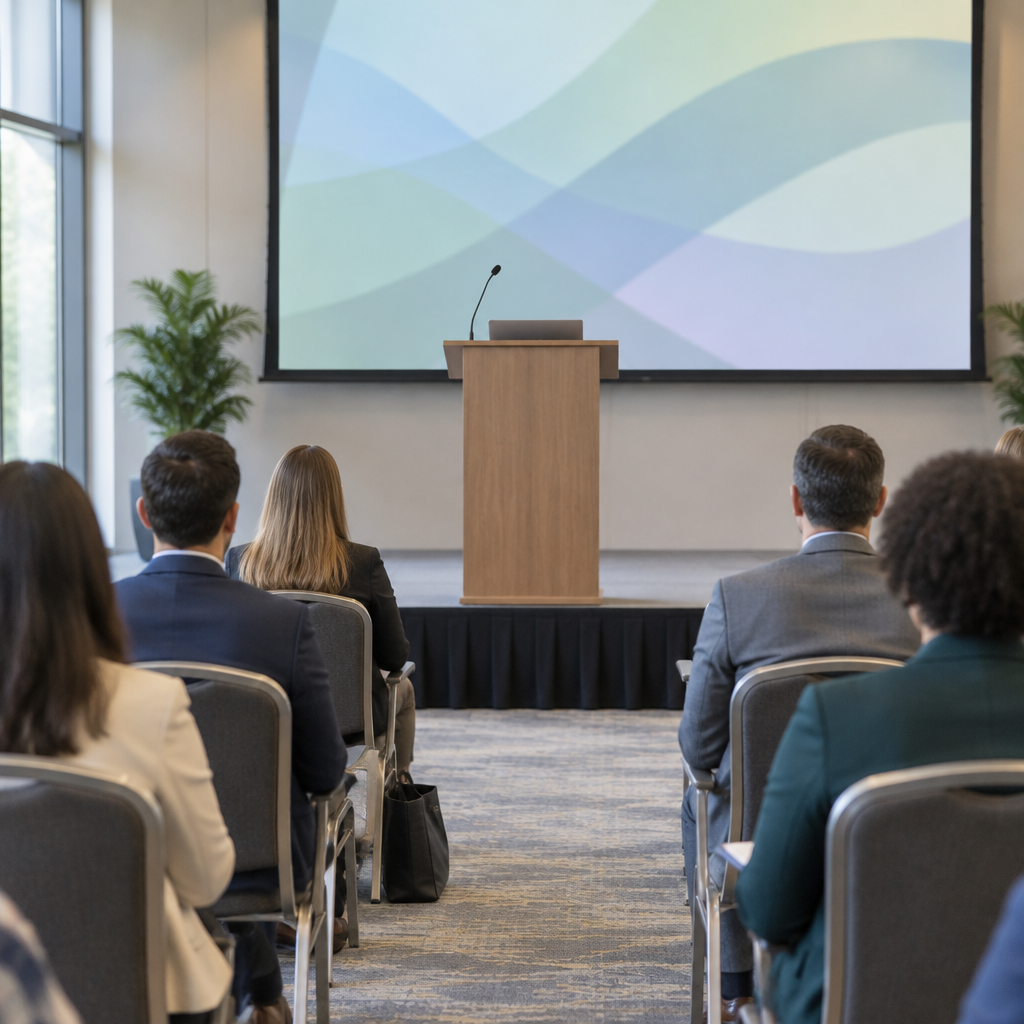 A conference setting with a podium, seated attendees, and a blurred abstract pattern on a large screen in the background.
