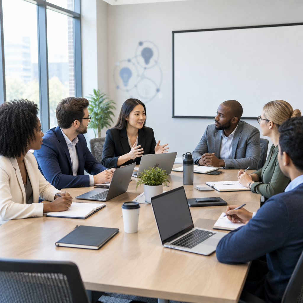 Diverse professionals in modern meeting room with laptops and notes.