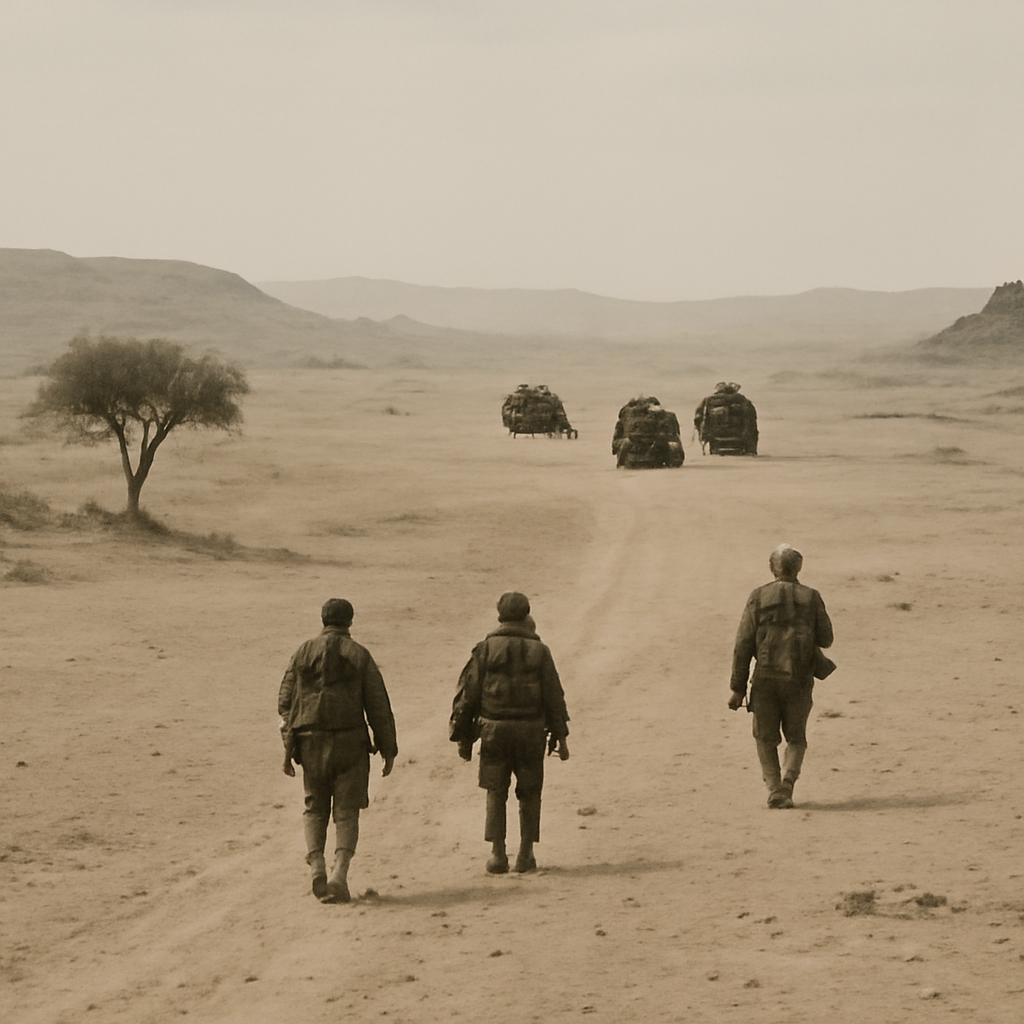 Military vehicles and personnel retreat across a desolate desert landscape.