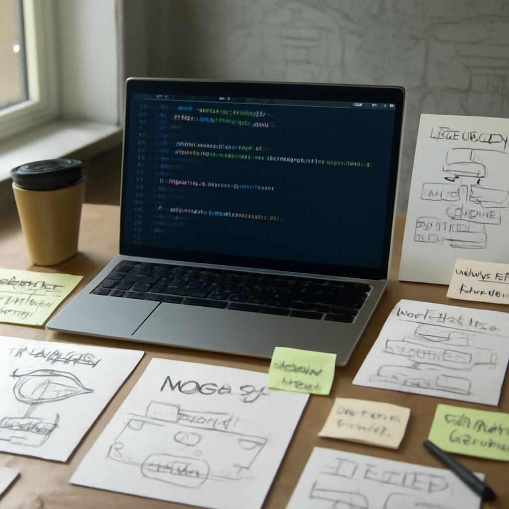 Cluttered developer workstation with laptop, notes, and diagrams in natural daylight.