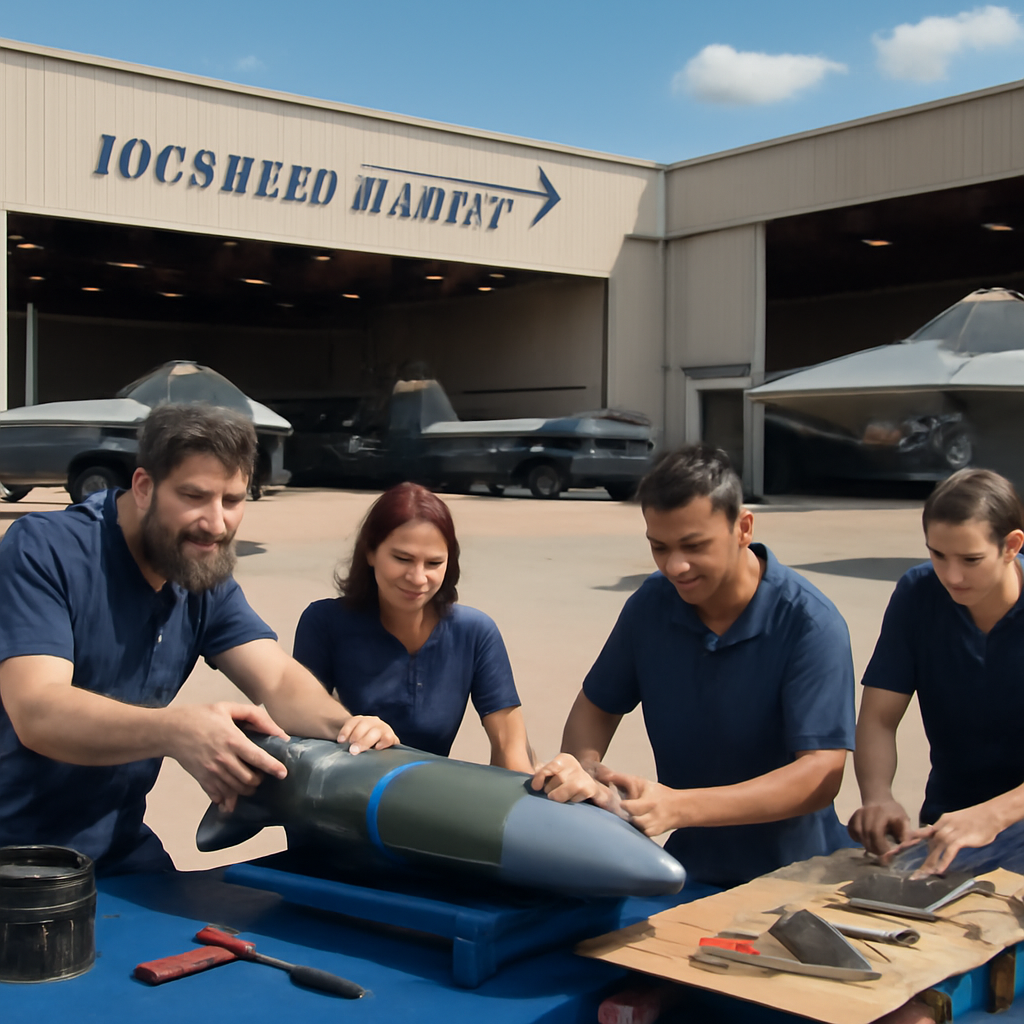 Technicians work on an F-35I fighter jet and SPICE 1000 guidance kit at a US facility.
