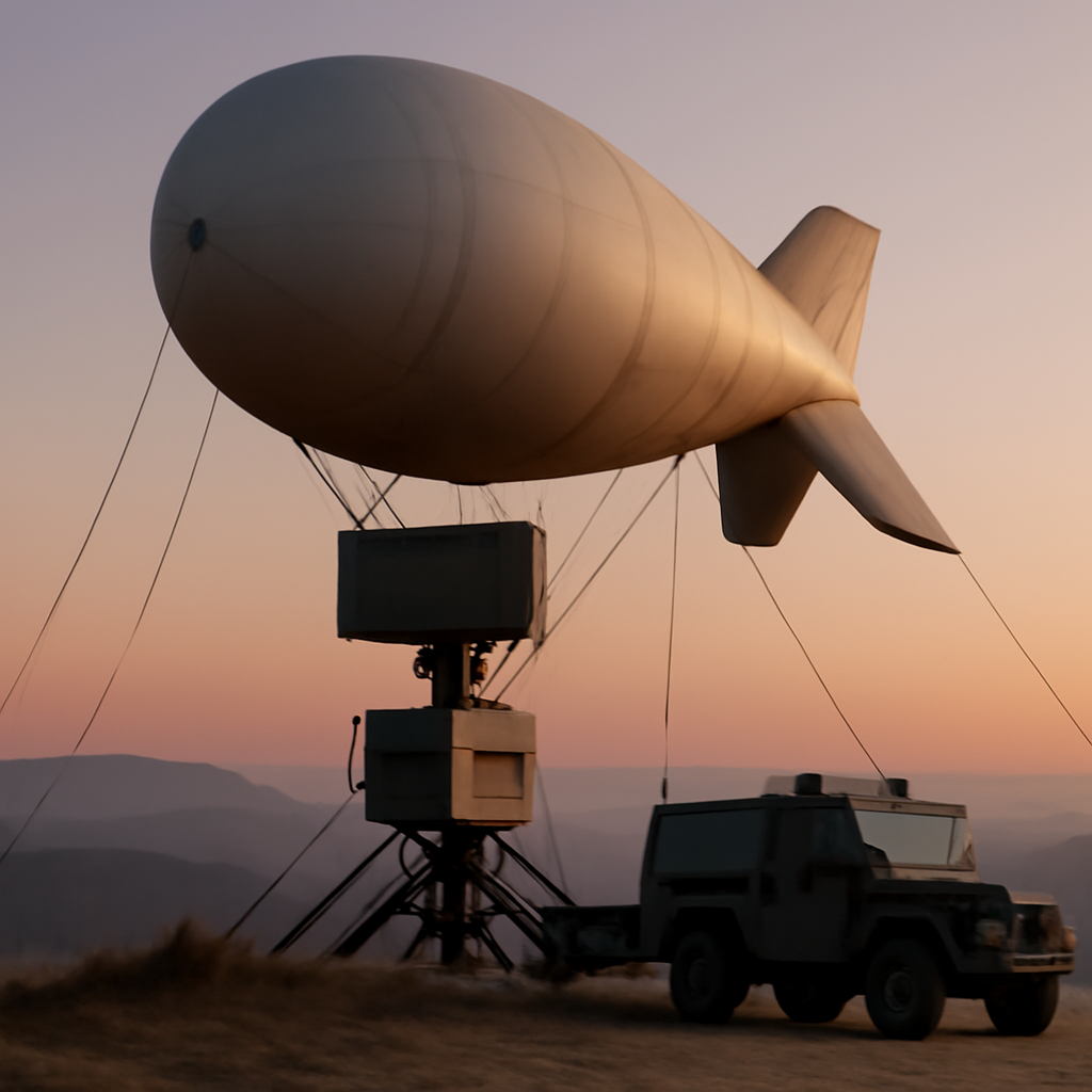 Mobile aerostat-radar system set up on hilltop at dusk with radar unit and partial landscape view.