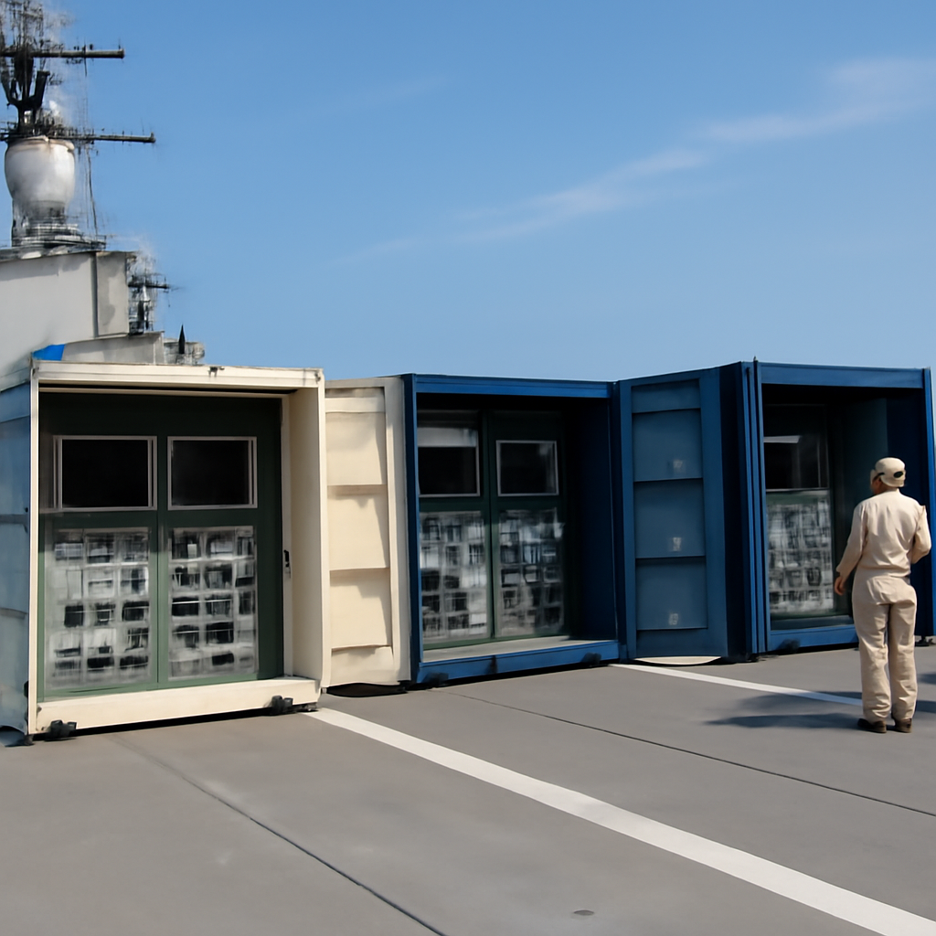 Naval personnel stand near shipping containers with electronic equipment on a brightly-lit ship deck.