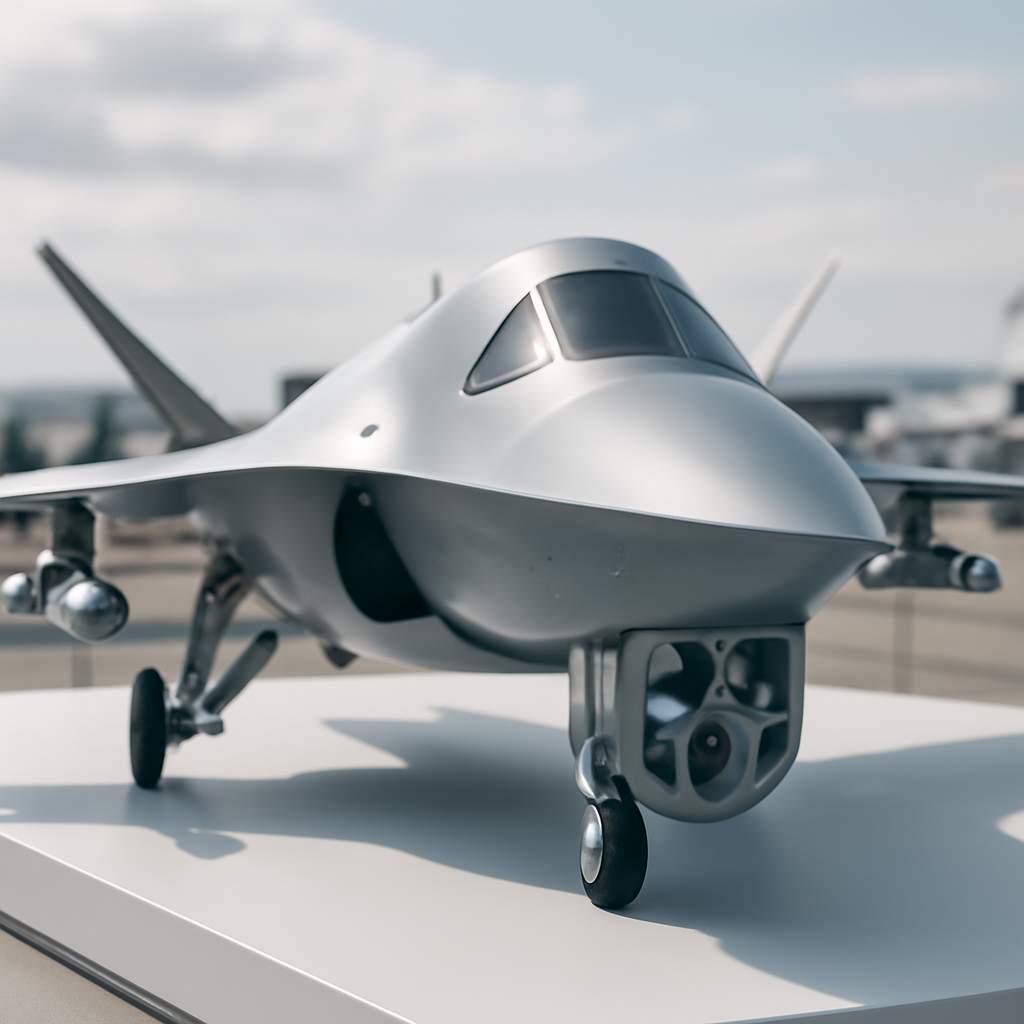 Sleek, futuristic aircraft system on display at airshow with ambient daylight.