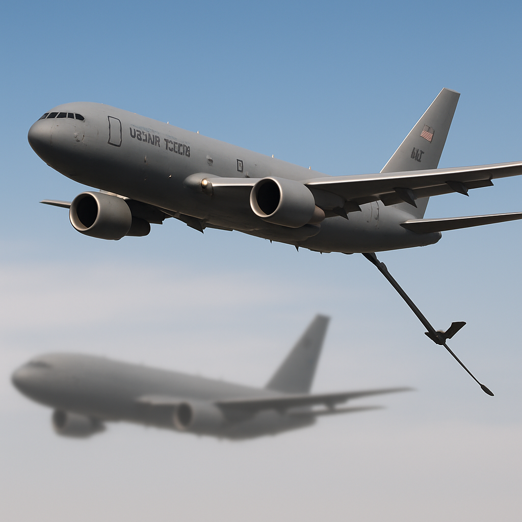 Boeing KC-46A Pegasus tanker in mid-air with extended refueling boom.