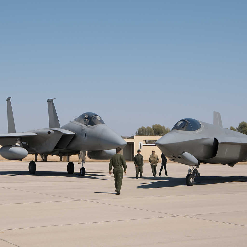 F-15 and F-35 fighter jets parked on a runway at an Israeli Air Force base.