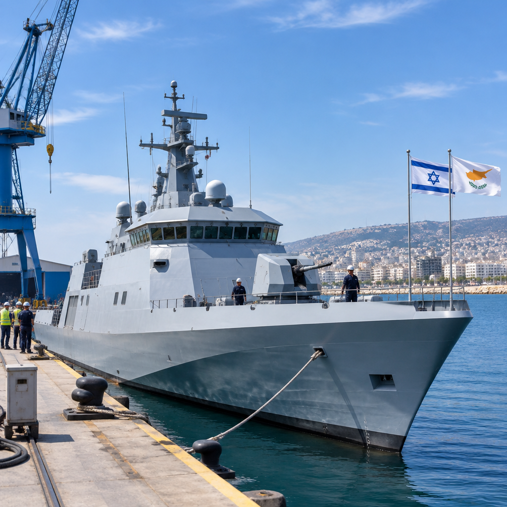 Modern patrol vessel in a shipyard with cityscape in background.