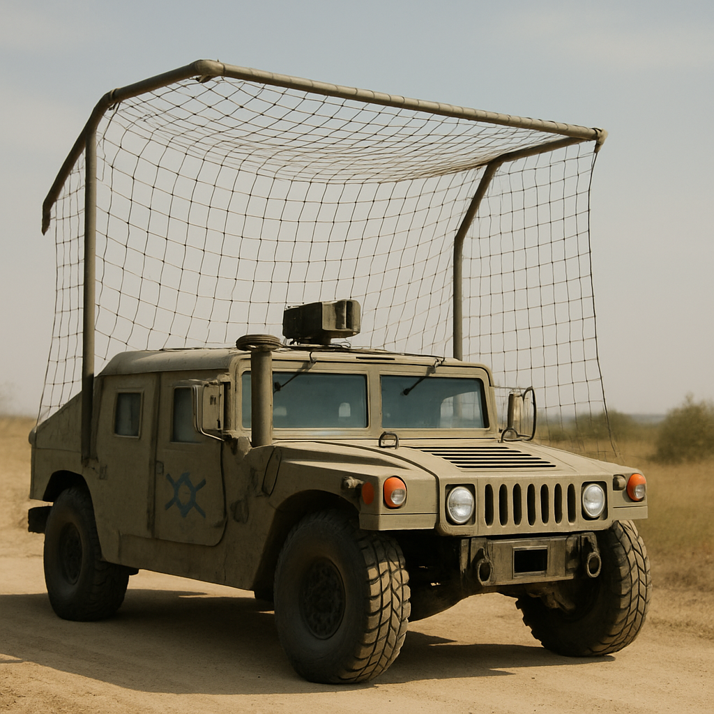 Israeli military vehicle with anti-drone netting system installed above.