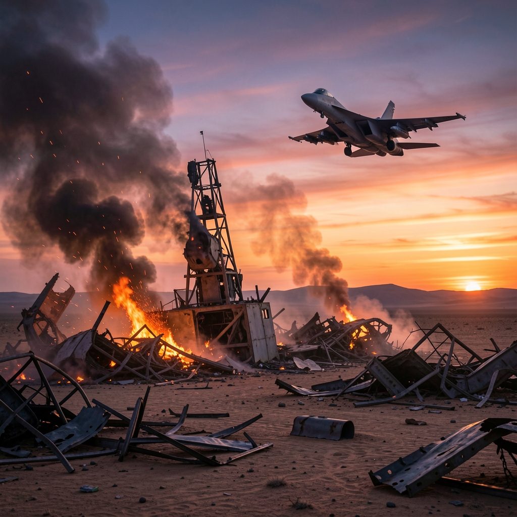 Destroyed air defense system with smoldering wreckage and twisted metal in a desert landscape, with a fighter jet soaring…