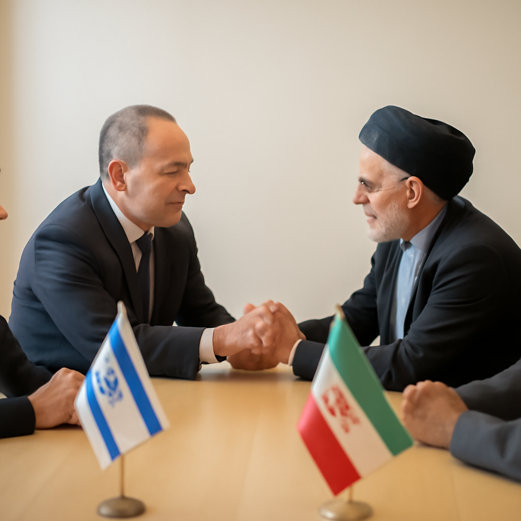 Officials from Israel and Iran sit at a table, clasping hands in a gesture of diplomacy and de-escalation.