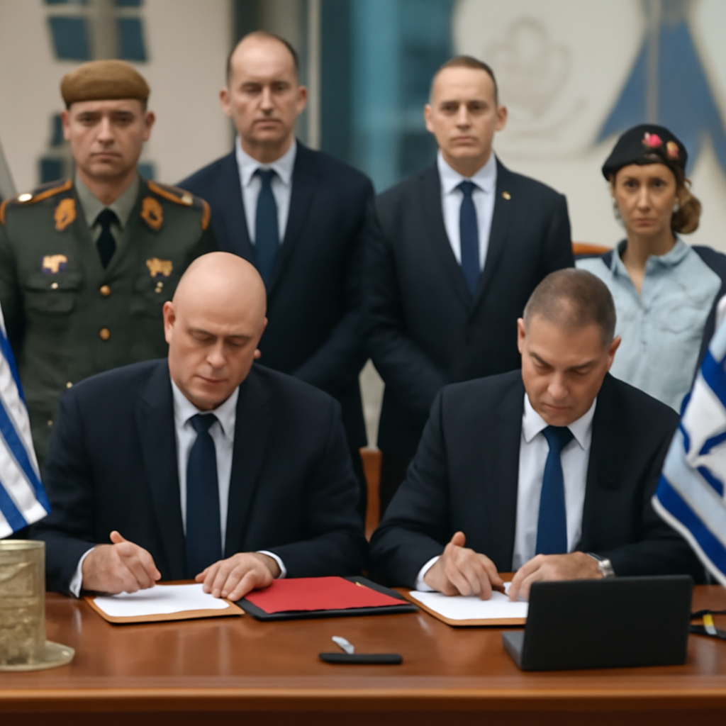 Officials gather around a podium at Israel's Defense Ministry to sign a military agreement.